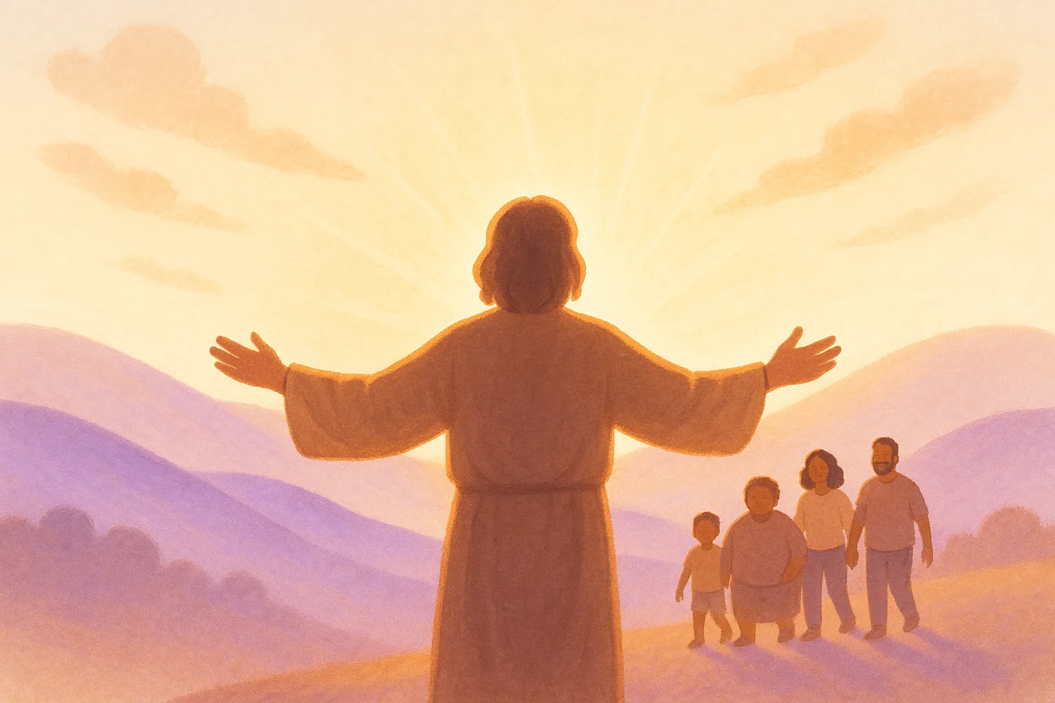 Jesus with open arms, welcoming people into the light.