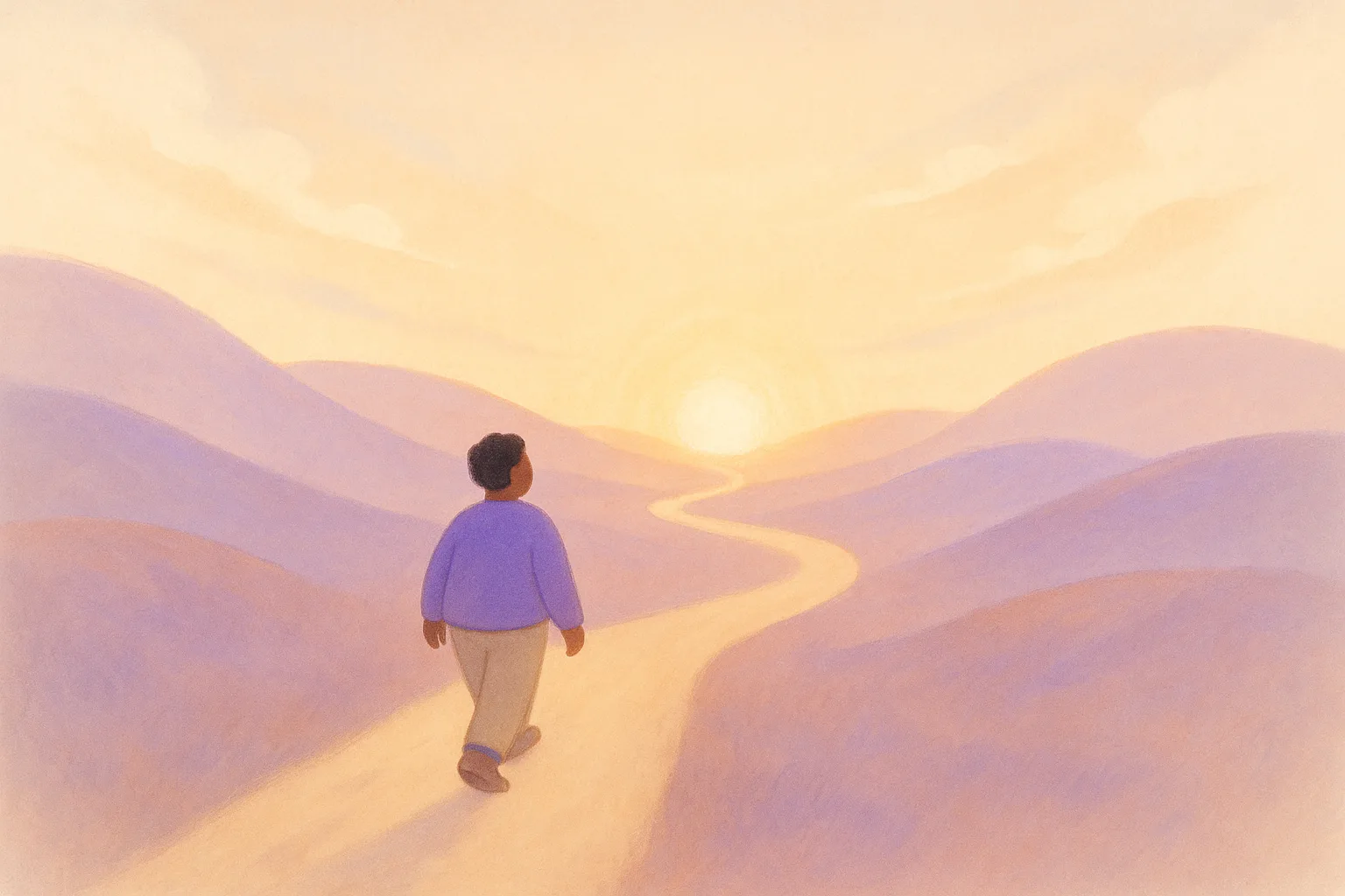Una persona caminando por un sendero sinuoso hacia una luz radiante.